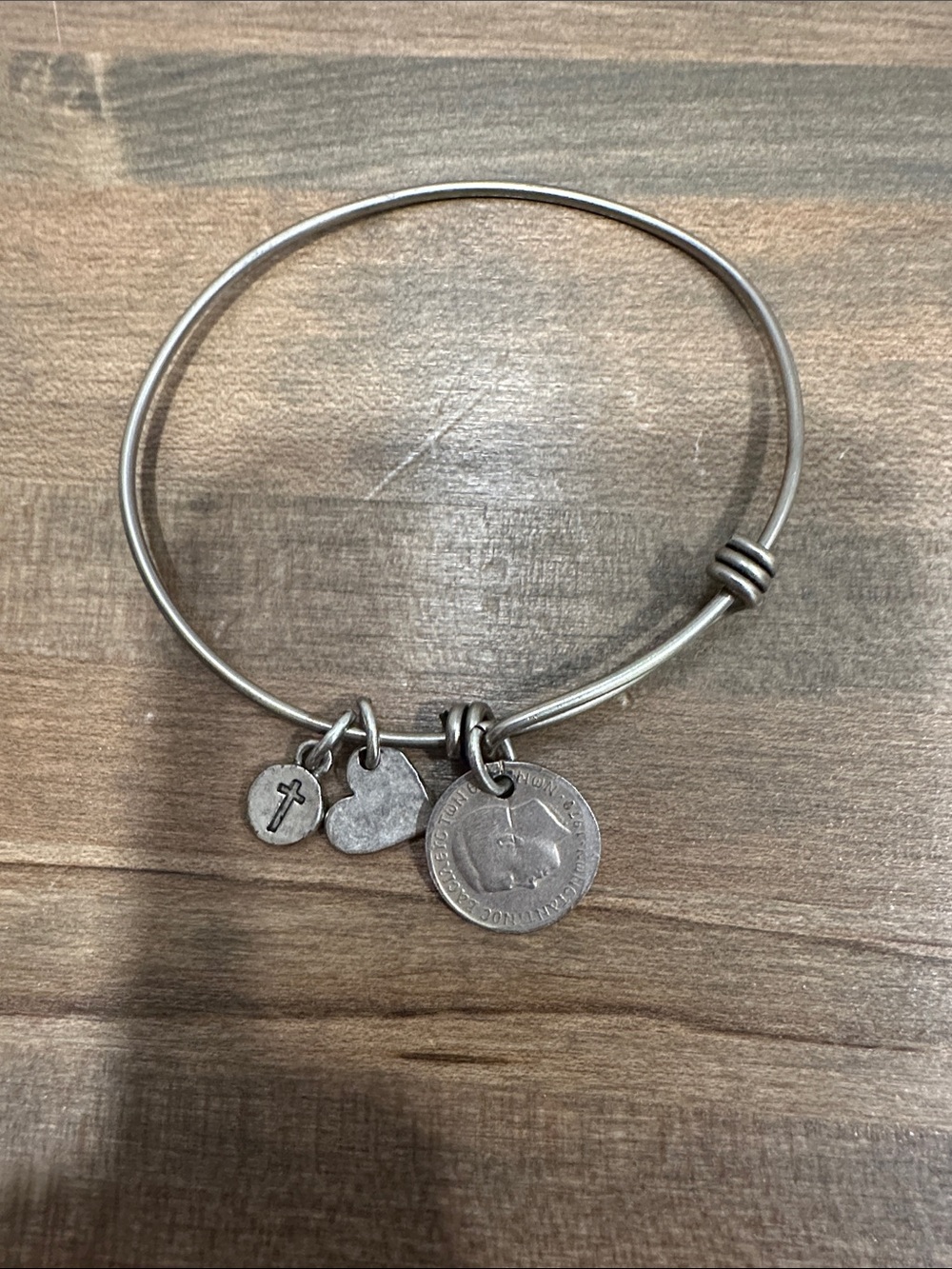 Alex and Ani Silver Tone Charm Bangle with Heart, Cross, and Coin Charms